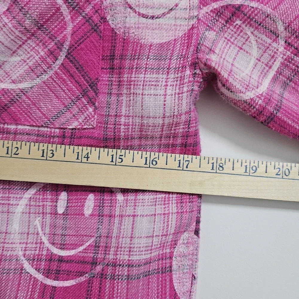 Y2K Justice Flannel Shirt Girls Size 10 Pink Plaid Smiley Face Button Down Retro